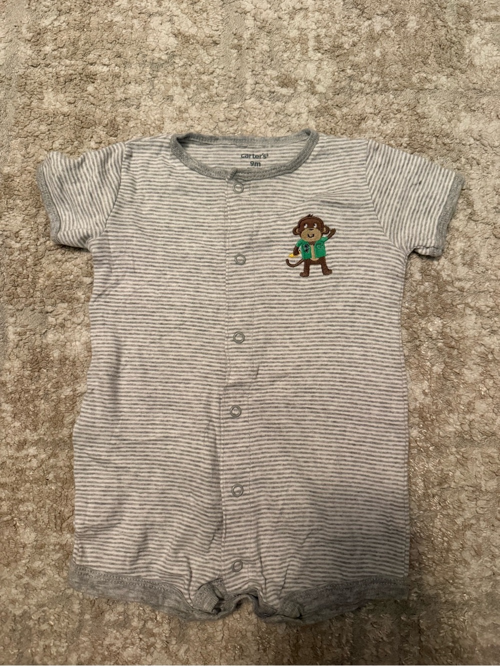Carter's Gray & White Striped Monkey Short-Sleeve Romper size 9M